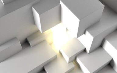 Poster - Abstract architectural background with cube construction or stage and light beam inside. 3D illustration