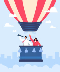 Business persons in hot air balloon searching for employees. Happy creative people finding work or vacancy flat vector illustration. Hiring, job search or hunting concept for banner, landing web page