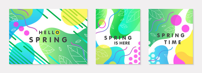  Set of spring banners with green gradient backgrounds;linear leaves;bright fluid shapes and geometric elements in memphis style.Abstract layouts for prints;flyers,invitations;covers,social media.