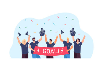 Wall Mural - Active fans cheering for favorite soccer team at match. Group of happy people holding banner with word goal flat vector illustration. Celebration, sports concept for website design or landing page