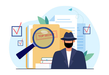 Poster - Undercover detective and top secret information. Spy or private investigator searching for criminal, magnifying glass flat vector illustration. Crime, mystery concept for banner or landing web page