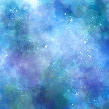 Abstract Night Sky Space Watercolor Background With Stars. Watercolor Green Blue Nebula Universe. Night Sky With Stars And Nebula. Watercolor Hand Drawn Illustration.	