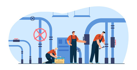 Wall Mural - Team of plumbers with tool box in boiler room. Handymen in uniform fixing pipe flat vector illustration. Service, maintenance, occupation concept for banner, website design or landing web page