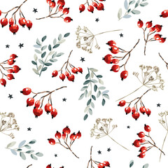 Wall Mural - christmas seamless pattern, red berries, twigs, stars, white background. vector illustration. nature