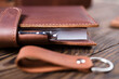 Handmade leather notebook closeup