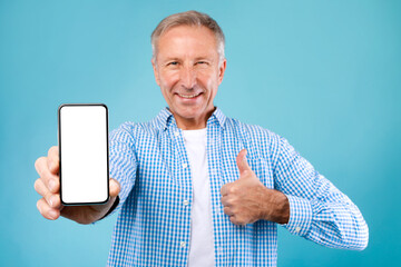 Poster - Man showing white empty smartphone screen and thumbs up
