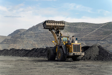 Wall Mural - The loader stands with the bucket lifted in the open pit.