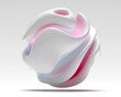 3d render of abstract art of surreal flying 3d alien ball or sphere in curve wavy spiral round organic smooth and soft lines forms in glossy white ceramic material with pink transparent glass parts 