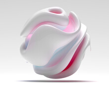 3d Render Of Abstract Art Of Surreal Flying 3d Alien Ball Or Sphere In Curve Wavy Spiral Round Organic Smooth And Soft Lines Forms In Glossy White Ceramic Material With Pink Transparent Glass Parts 
