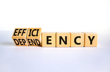 Wall Mural - Efficiency or dependency symbol. Turned wooden cubes and changed the word dependency to efficiency. Beautiful white table, white background, copy space. Business, efficiency or dependency concept.