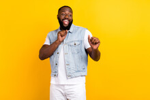 Portrait Of Attractive Funky Cheerful Guy Dancing Celebrating Having Fun Isolated Over Bright Yellow Color Background