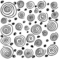 Wall Mural - Rough black and white sketch of the geometric pattern with spirals and dots. Freehand vector outline drawing isolated on transparent background