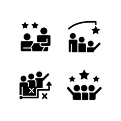 Wall Mural - Group achievement black glyph icons set on white space. Stategy planning. Successful cooperation. Professional partnership. Silhouette symbols. Solid pictogram pack. Vector isolated illustration