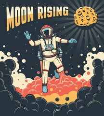 Wall Mural - lunar astronaut with jetpack flies around the moon. spaceman in space suit - retro poster. vector vi