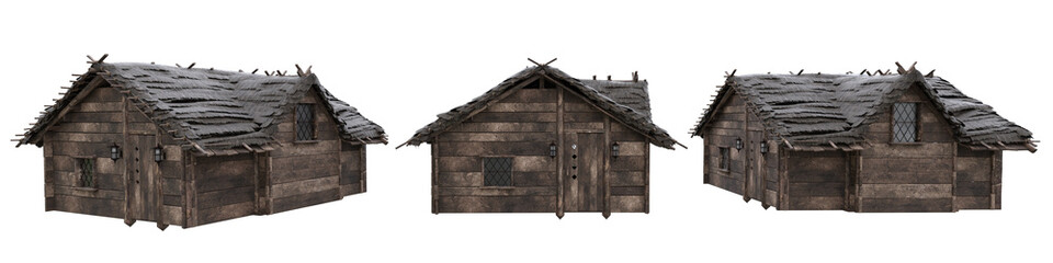Poster - Medieval wooden house seen from 3 angles. 3D illustration isolated on white background.