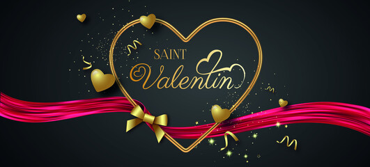 Wall Mural - carte ou bandeau sur la saint valentin en or dans un coeur de couleur or sur un fond noir avec un ruban rouge avec des paillettes, noeuds, coeurs, serpentins