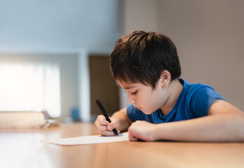 Wall Mural - School kid using black pen drawing or writing the letter on paper, Young boy doing homework, Child with pen writing notes in paper sheet during the lesson.Cute pupil doing test, Homeschooling concept