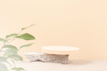 Round Beige Platform Podium On Grungy Concrete Stone On White Beach Sand With Green Plant Leaves In Foreground. Creative Composition Background For Cosmetics Or Products Presentation. Front View