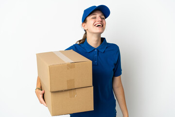 Wall Mural - Young delivery woman isolated on white background laughing