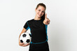 © luismolinero - Young football player woman isolated on white background showing and lifting a finger