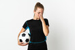 © luismolinero - Young football player woman isolated on white background with tired and sick expression