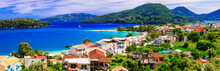 Panoramic View Of Nidri Bay, Beautiful Lefkada Island. Beautiful Ionian Islands Of Greece. Greek Summer Holidays