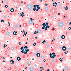  Cute ditsy daisy garden seamless repeat pattern. Random placed, hand drawn, vector flowers with leaves all over print on pink background.
