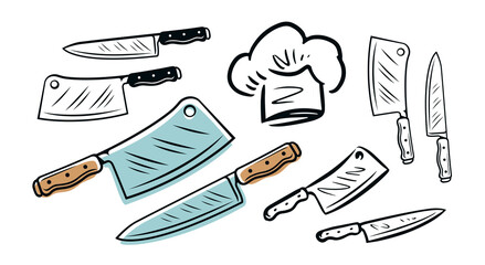 Meat cleaver and chef knife isolated on white background. Set of butcher shop concept vector illustration