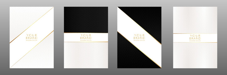 Wall Mural - Modern black and white cover design set. Creative abstract gold diagonal line, carbon pattern background. Elegant fashionable vector collection for catalog, brochure template, magazine layout, booklet