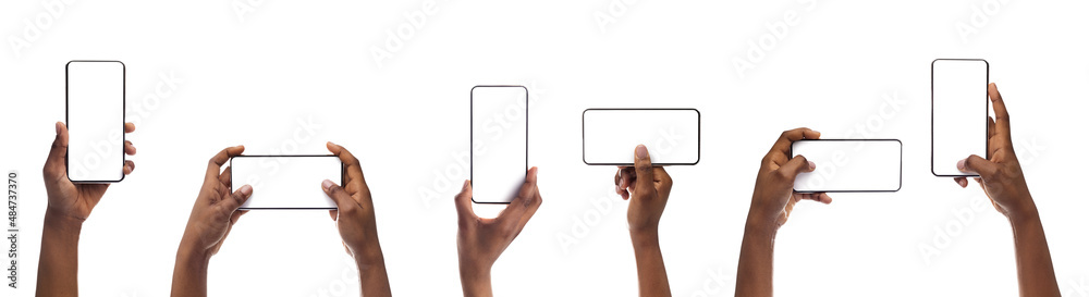 Female hands holding smartphone with blank screen in different ...