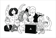 Big Family Is Looking At Computer. Happy Generation Time  Together At Home. Grandma, Grandpa, Mom, Dad, Children, Baby And Pets Meeting. Sketch Vector Illustration.