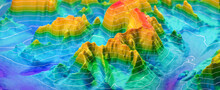 3D Topographic Height Map, Geology Survey. Topographic Cartography, Contour Map, 3D Relief. Abstract Geographic Resource Map With Mountains. 