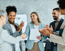 Young Business People Meeting Office Handshake Hand Shake Shaking Hands Teamwork Group Contract Agreement Black Happy Smiling Success Corporate Applause Applauding Woman