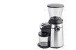 professional appliance for grinding coffee beans into size grind with conical burrs for professional black espresso preparation, object side view with copy space isolated on white.