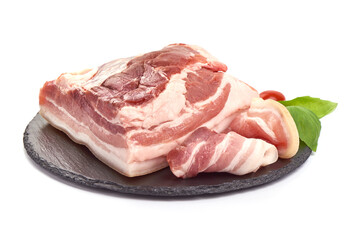 Canvas Print - Raw pork brisket, bacon, isolated on white background.