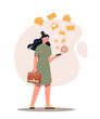 © 100% HAND-CRAFTED - Email letters concept. Popular girl, social networks and modern technologies. Woman reads feedback, employee conducts newsletter, product promotion and advertising. Cartoon flat vector illustration