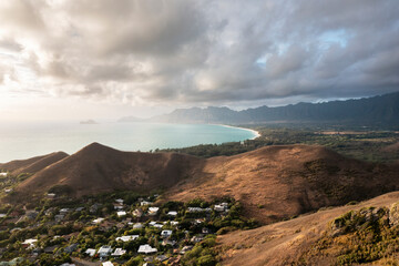 Canvas Print - Aerial sunrise at hike with mountains and ocean at the background, summer vacations for active people