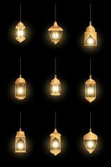 Wall Mural - oriental lamps. arab lanterns hang on gold chains. isolated realistic decorative lighting. ramadan v