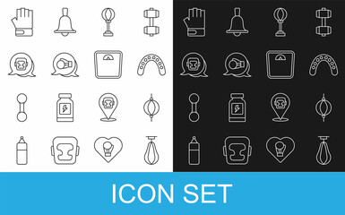 Set line Punching bag, Mouth guard boxer, Boxing glove, helmet, MMA and Bathroom scales icon. Vector