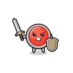 Wall Mural - cute emergency panic button soldier fighting with sword and shield