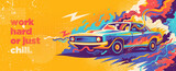 Fototapeta Fototapety dla młodzieży do pokoju - Colorful abstract graffiti design with muscle car and various splashing shapes. Vector illustration.