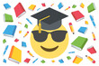 cool face emoji with graduation cap amid books,pencil and pen on a white background,vector illustration