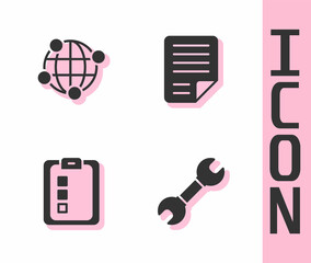 Poster - Set Wrench spanner, Global technology, Online quiz, test, survey and File document icon. Vector