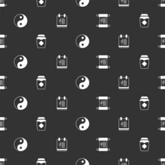 Wall Mural - Set Chinese New Year, Jar of honey, Yin Yang symbol and on seamless pattern. Vector