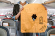 © Kostiantyn - Female flight attendant with life vest standing in airplane
