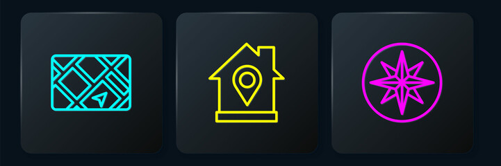 Poster - Set line Gps device with map, Wind rose and Location house. Black square button. Vector