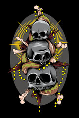 Three skull with snake vector illustration