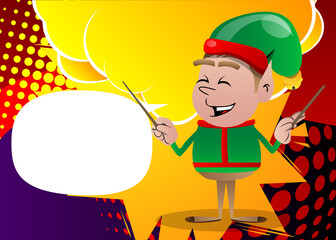 Wall Mural - Christmas Elf orchestra conductor. Vector cartoon character illustration of Santa Claus's little worker, helper.