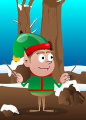 Wall Mural - Christmas Elf orchestra conductor. Vector cartoon character illustration of Santa Claus's little worker, helper.