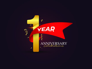 Wall Mural -  1 years Anniversary celebrations logo with ribbons. Gold color is elegant and luxurious.